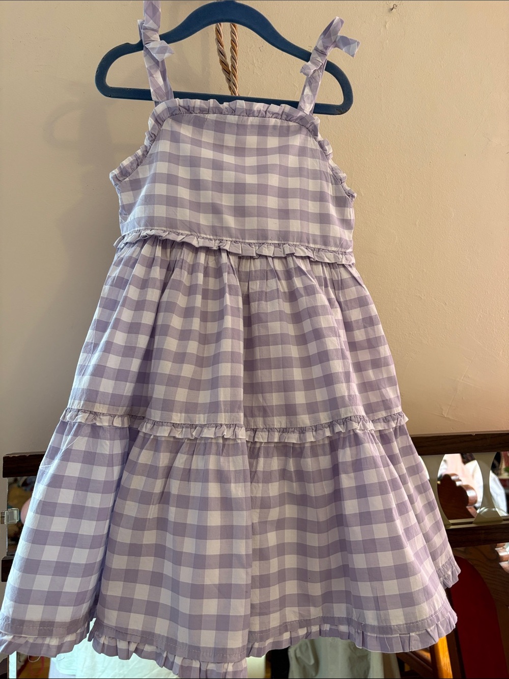 Tahari Lilac and White Gingham Tiered Sundress with Tie Straps. Cotton